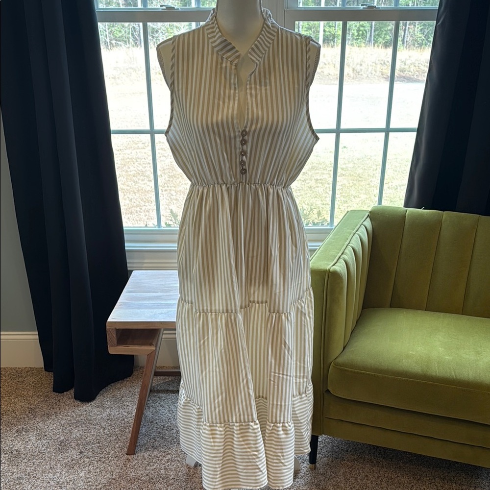 SHEIN Cream Tan Sleeveless Midi Sundress with Mandarin Collar